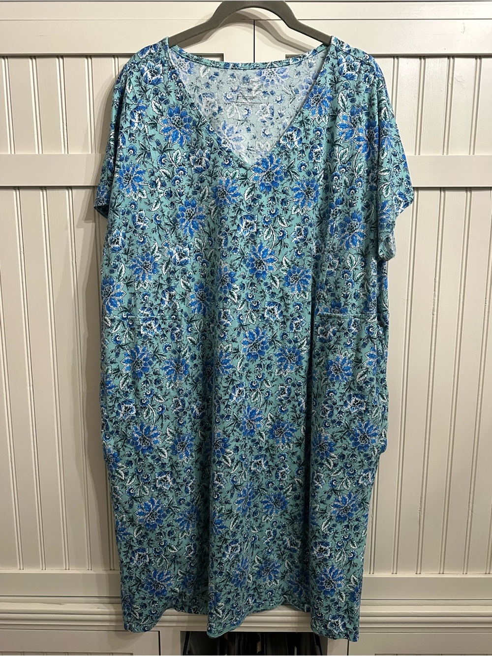 Pure Jill Blue Floral V-Neck Midi Dress with Pockets Size XL